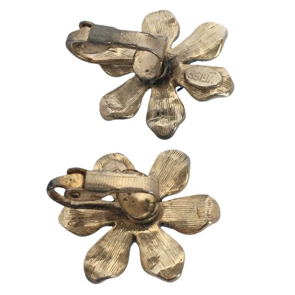 Signed Weiss Vintage Clip On Earrings Enamel Flowers Vintage Gold Tone Lt Blue - Picture 4 of 10